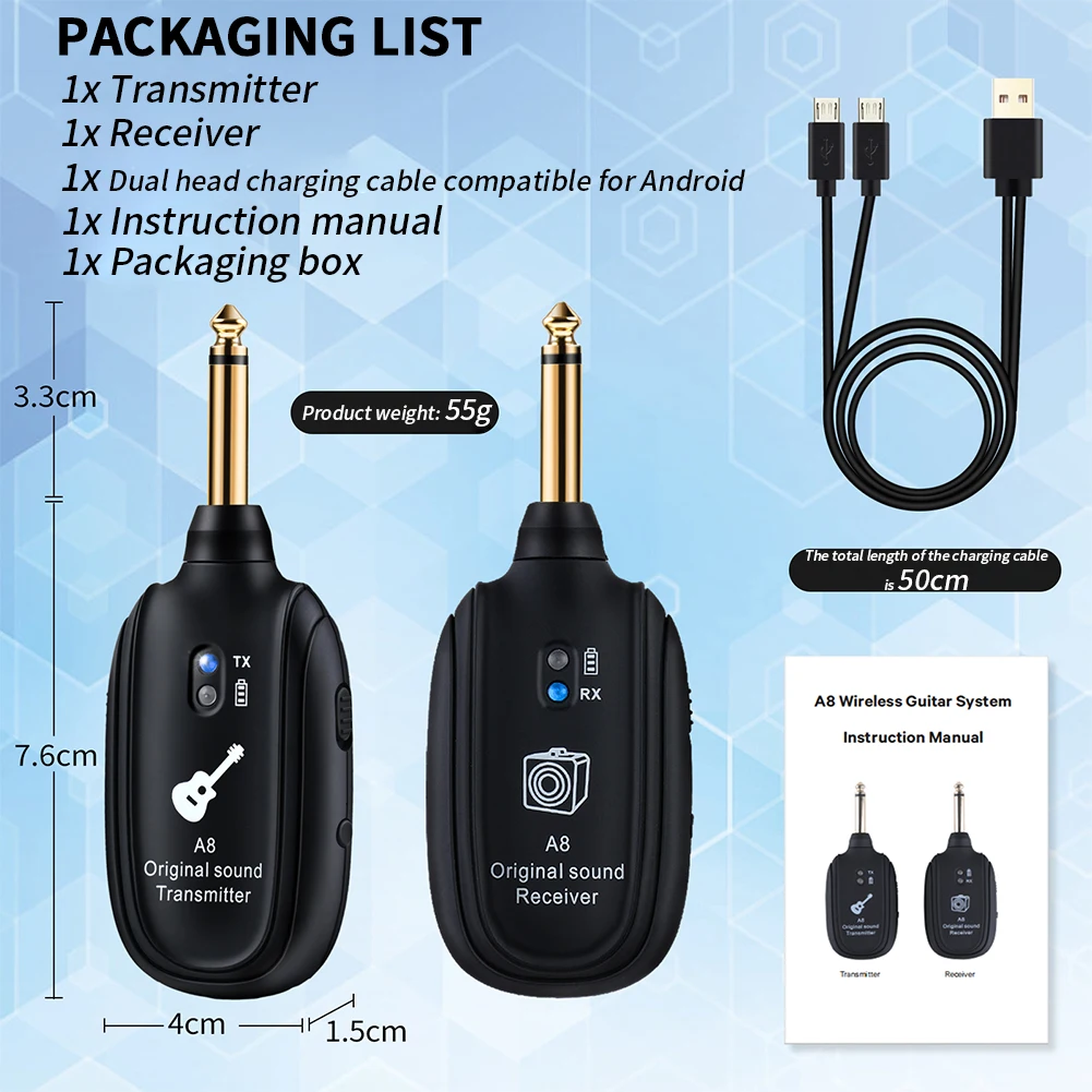 Receptor transmissor de guitarra sem fio, sistema de áudio UHF, guitarra acústica, baixo, violino, teclado, instrumentos elétricos