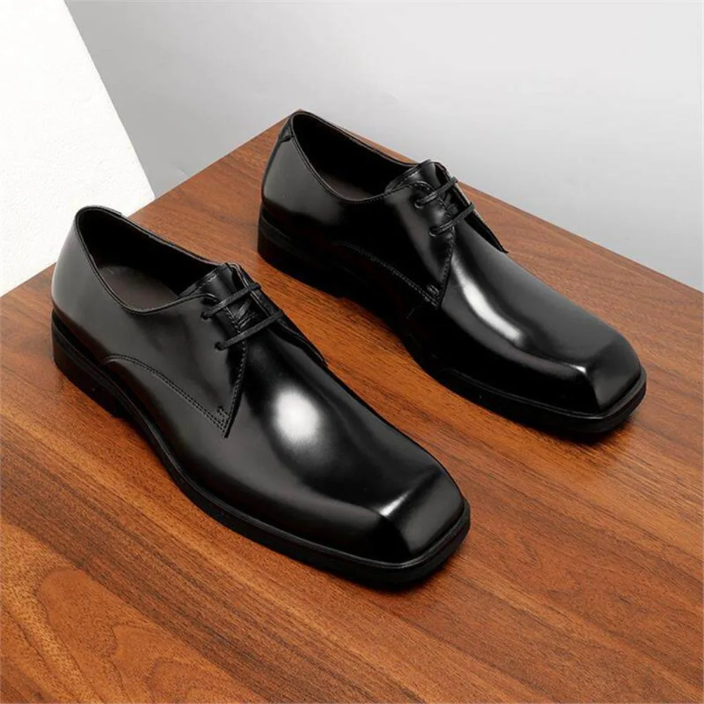 Spring Mens Genuine Leather Derby Shoes Square Toe Shiny Business Formal Commuter Leather Shoes Versatile for Men