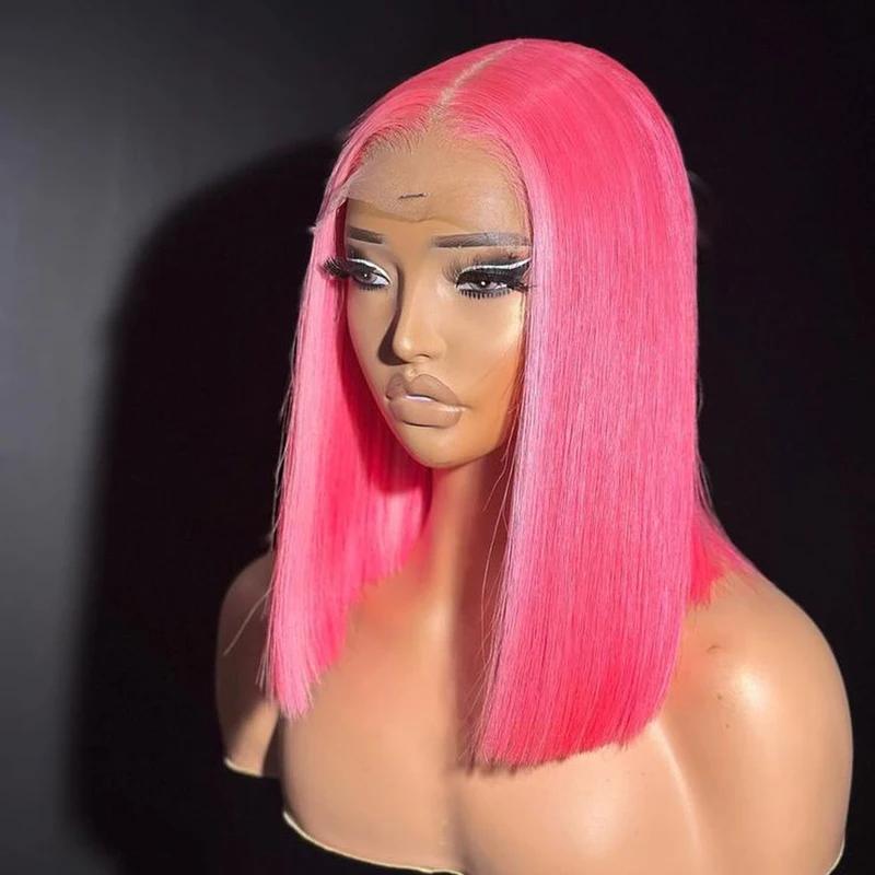 

Pink Bob Wig Synthetic Hair 13x4 Short Bob Lace Frontal Wigs 180% Brazilian Remy Bone Straight Pink Color Bob Lace Wig For Women