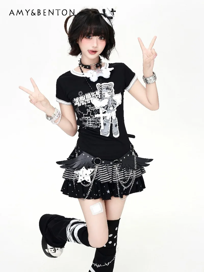 

Subculture Girl Two-dimensional Cute Printed Splicing Color Slim Short-sleeved T-shirt Stripe Cake Skirt Two Piece Sets Women