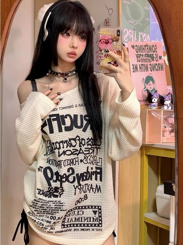 HOUZHOU Vintage Letter Graphic T-shirts Women Off Shoulder Y2k Aesthetic Oversized Grunge Punk Korean Harajuku See Through Tees