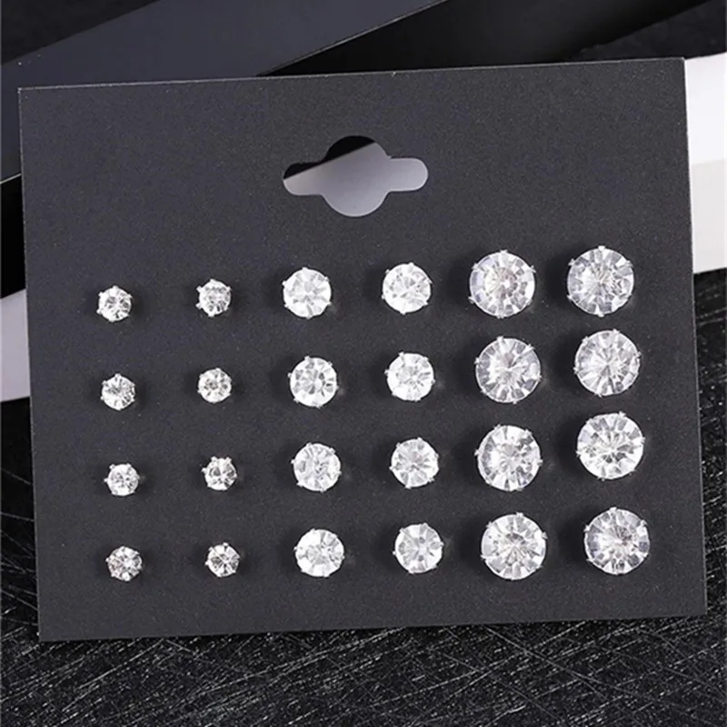 New 12 Pair/Pack White Shiny Wedding Stud Earrings Set For Women Men Crystal Earrings Jewelry Accessories Gifts