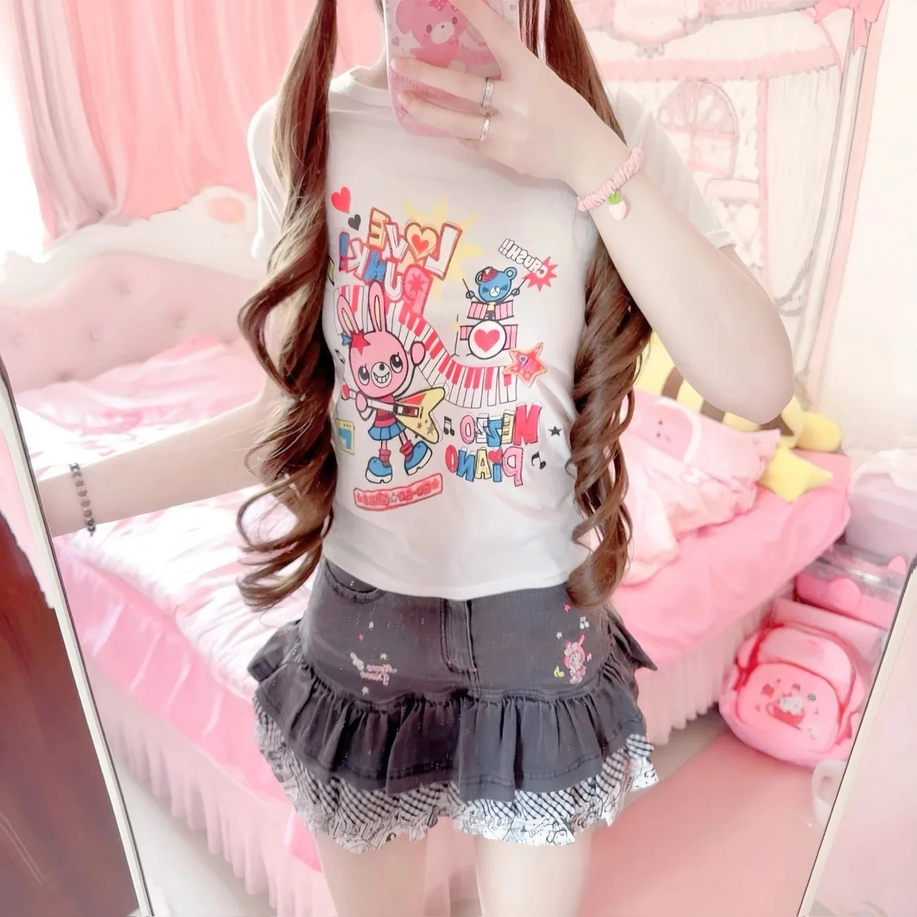 

Topenomi винтажная белая футболка с короткими рукавами и мультяшным принтом, женская японская милая Y2k, эстетический тонкий укороченный топ, летние футболки Kawaii