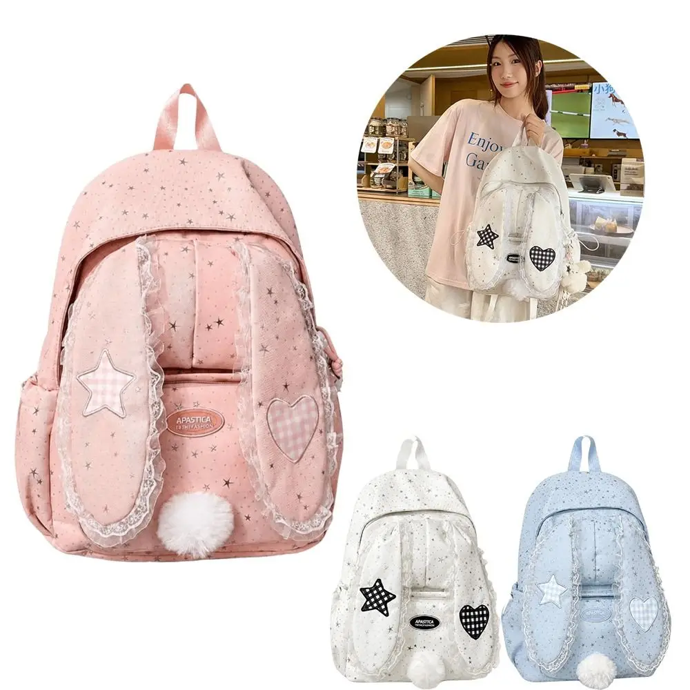 Fashion Nylon Rabbit Ear Backpack Polka Dot Large Capacity Student's Backpack Lace School Bag for Students Girls