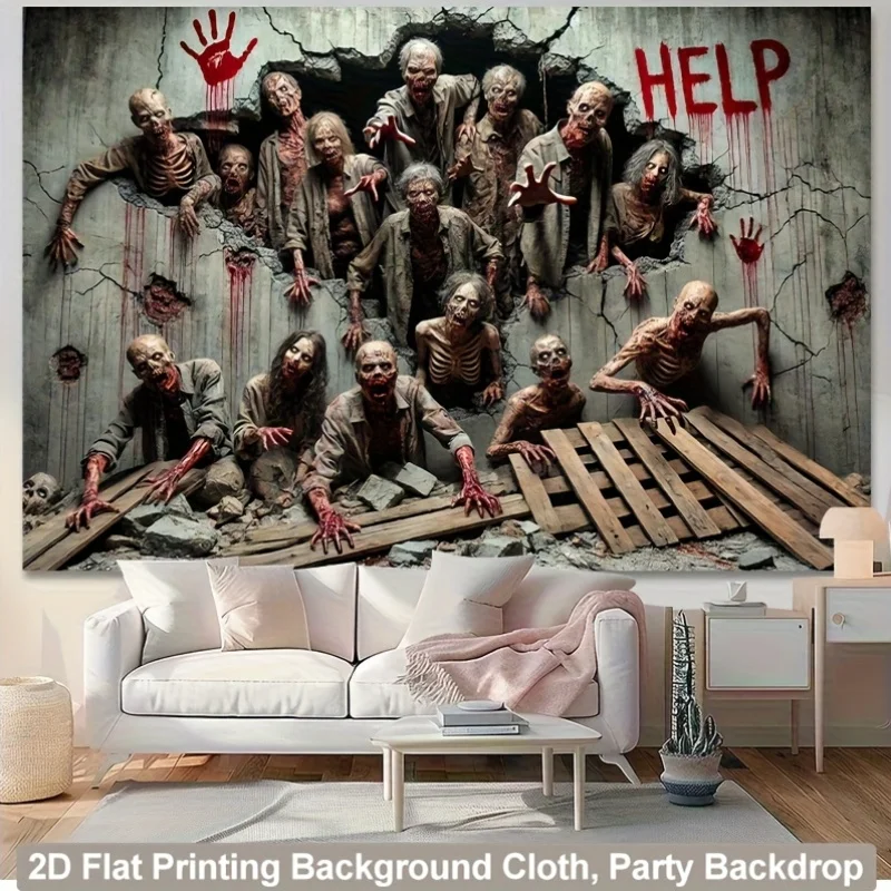 Zombie Attack Tapestry - Horror Wall Decor for Living Room, Bedroom, Halloween Party Background, Zombie Decor