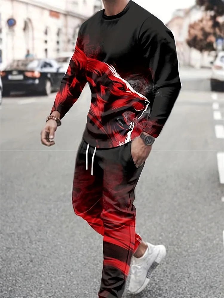 Spring And Fall Everyday Casual Long Sleeve T-shirt And Pants Men's Set Street Fashion Men's Long Sleeve T-shirt 3D Lion Print