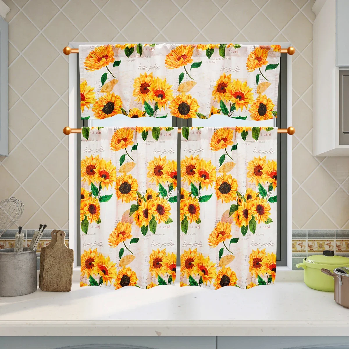3Pcs Valance and Tier Curtains for Windows Sunflower Kitchen Curtain Set Light Filtering with Wide Rod Pocket Polyester Kitchen