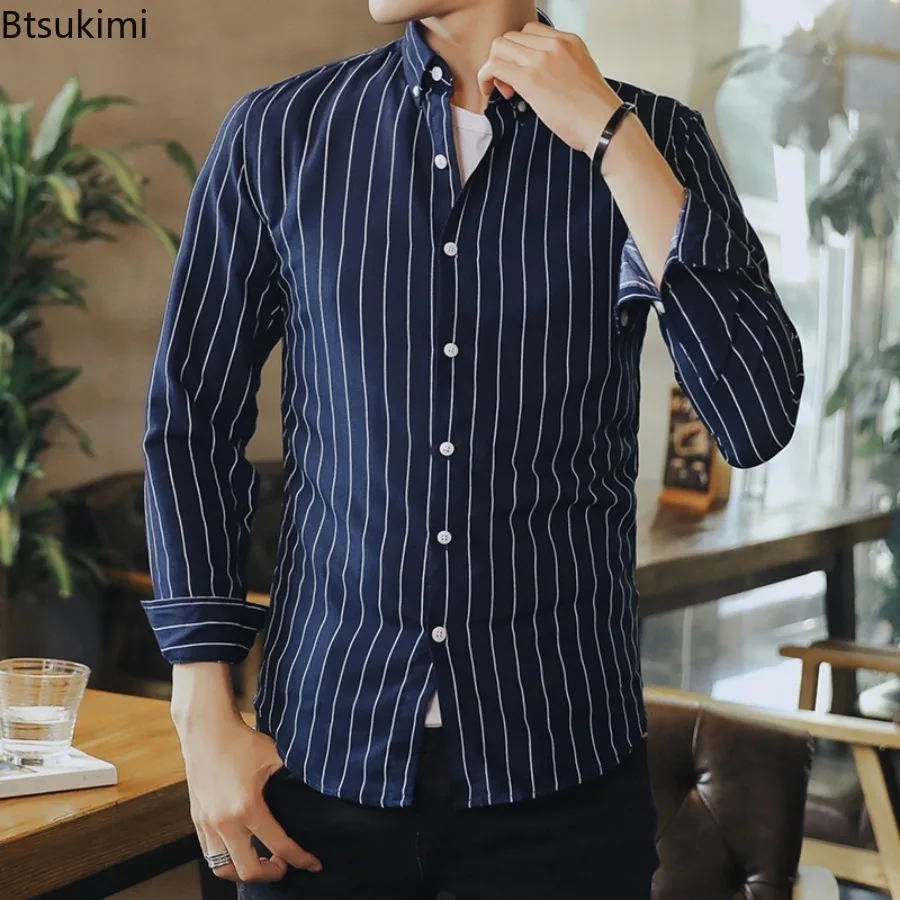 Spring Autumn New Men's Classic Stripe Shirts Fashion Single-breasted Lapel Three Quarter Sleeve Casual Shirt Coats Men Clothing