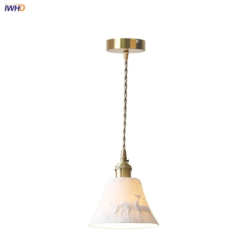 

IWHD White Ceramic LED Pendant Lamp Hallway Cafe Dining Room Copper Socket Vintage Loft Kitchen Light Fixture Luminaira Suspendu