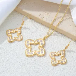New Trendy Italian Style Lucky Clover Necklace Earrings for Women Vintage Luxury Zircon Hollow Four Leaf Clover Jewelry Set Gift