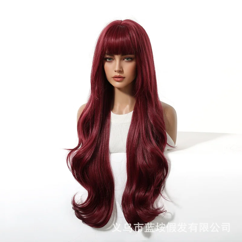 女性向けの新しいスタイル、バーガンディ色の長いウェーブのかかった巻き髪、自然でリアルなフルウィッグ