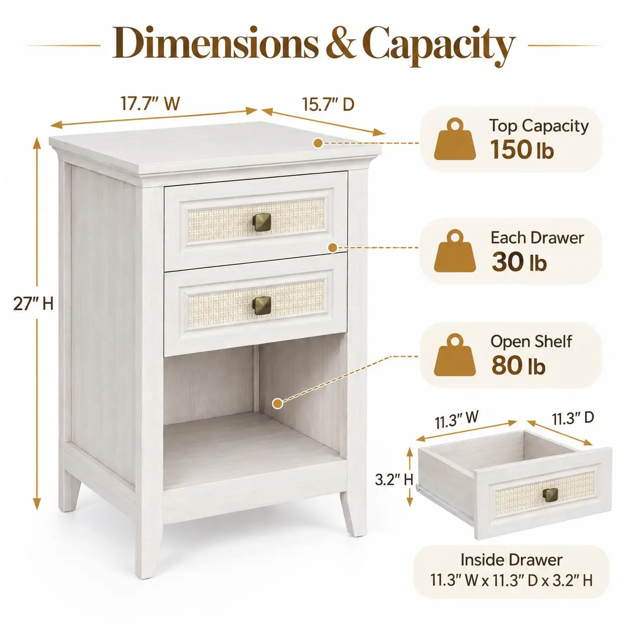 White Nightstand Set Of 2 With Drawers & Shelf, 27