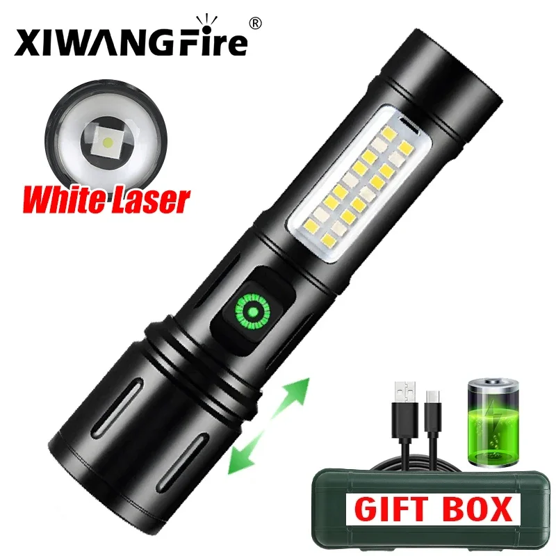 High Power LED Flashlight with Side Light Built-in 18650 Battery Telescopic Zoom Portable Torch Outdoor Riding Camping Lantern