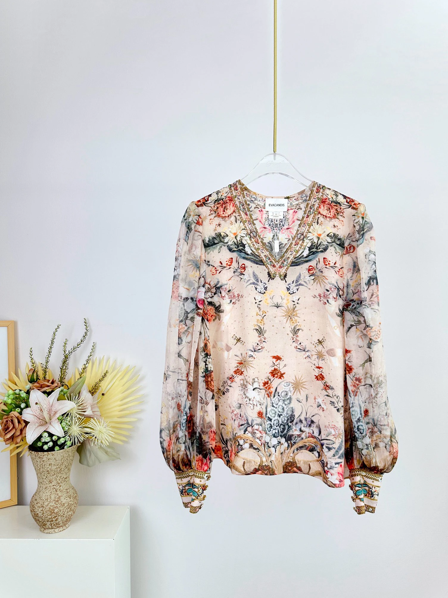 

EVACANDIS 100% Real Silk Women V-Neck Floral Printing Long Lantern Sleeve Tops High Quality Bohemian Elegant Chic Beach Style