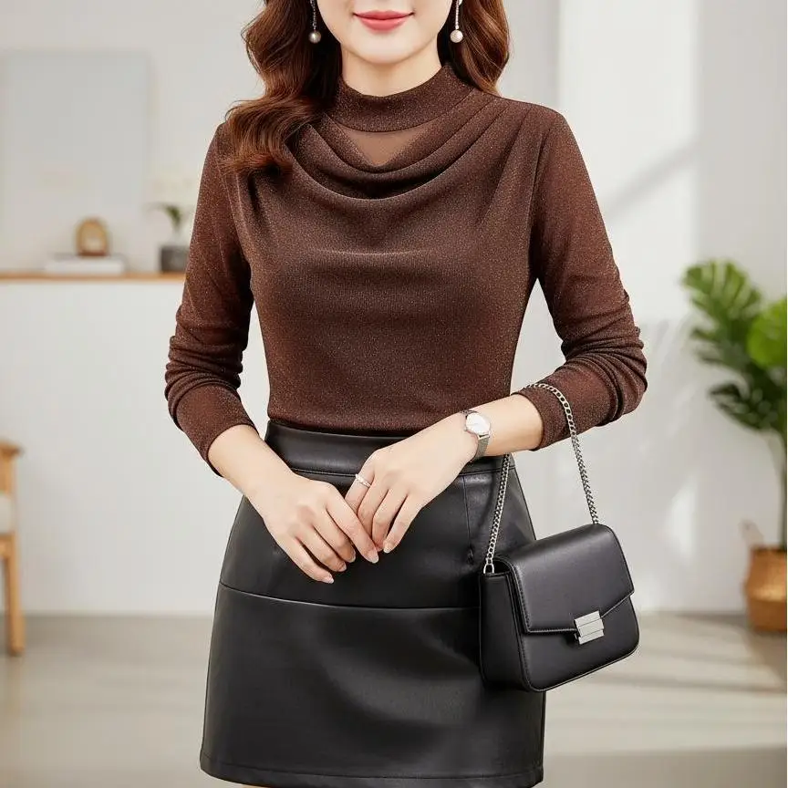 2025,New,Fall,Winter,European,Clothes,Mesh,T-Shirt,Fashion,Sexy,O-Neck,Women,Tops,Long Sleeve,Bottoming Shirt,Elastic,Tees,51001