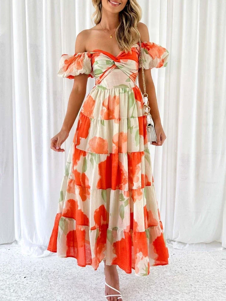 Holiday Vintage Maxi Long Beach Dress for Women 2024 Spring Summer Female Slim-fit Printed Hollow Puff Sleeve Dress Elegant