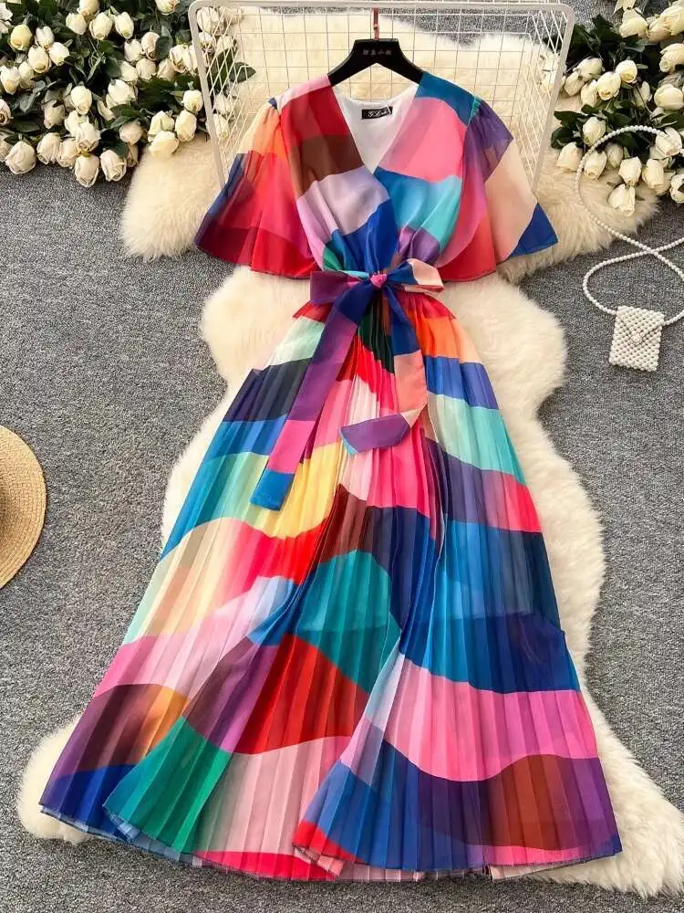 Mulheres elegante impresso vestido floral verão sexy com decote em v manga alargada chiffon vestidos longos senhoras magro bandagem longo robe vestidos