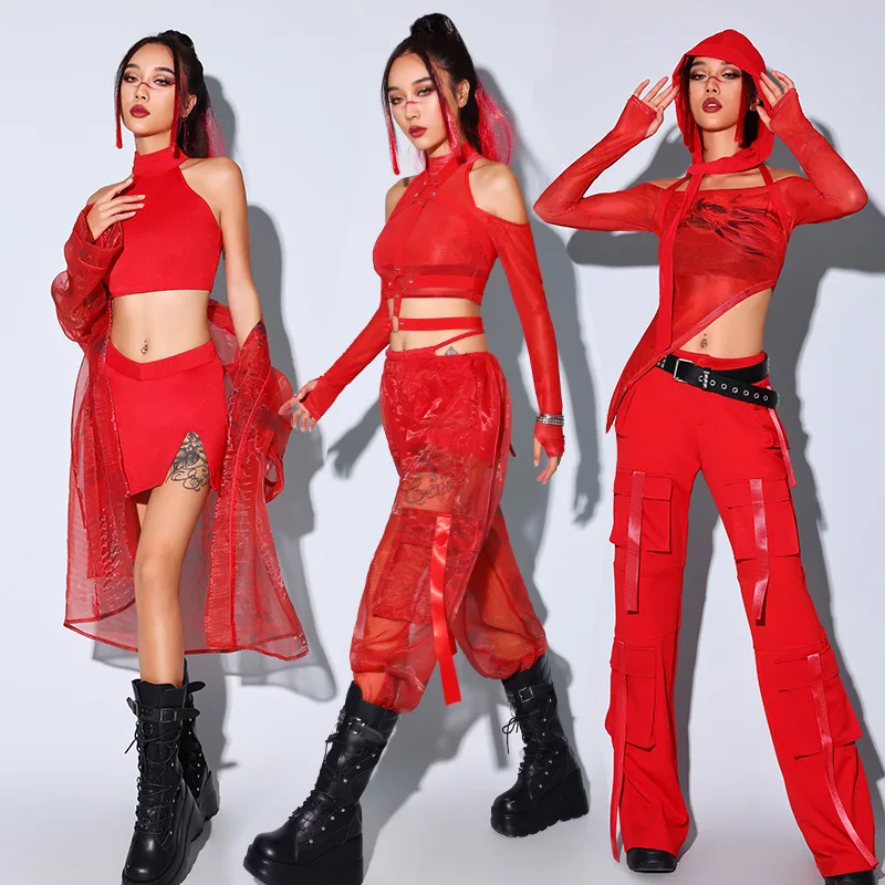 Red Dance Costume Women Kpop Stage Performance Crop Top Mini Skirt Cargo Pants Nightclub Party DJ Casual Street Wear Jazz