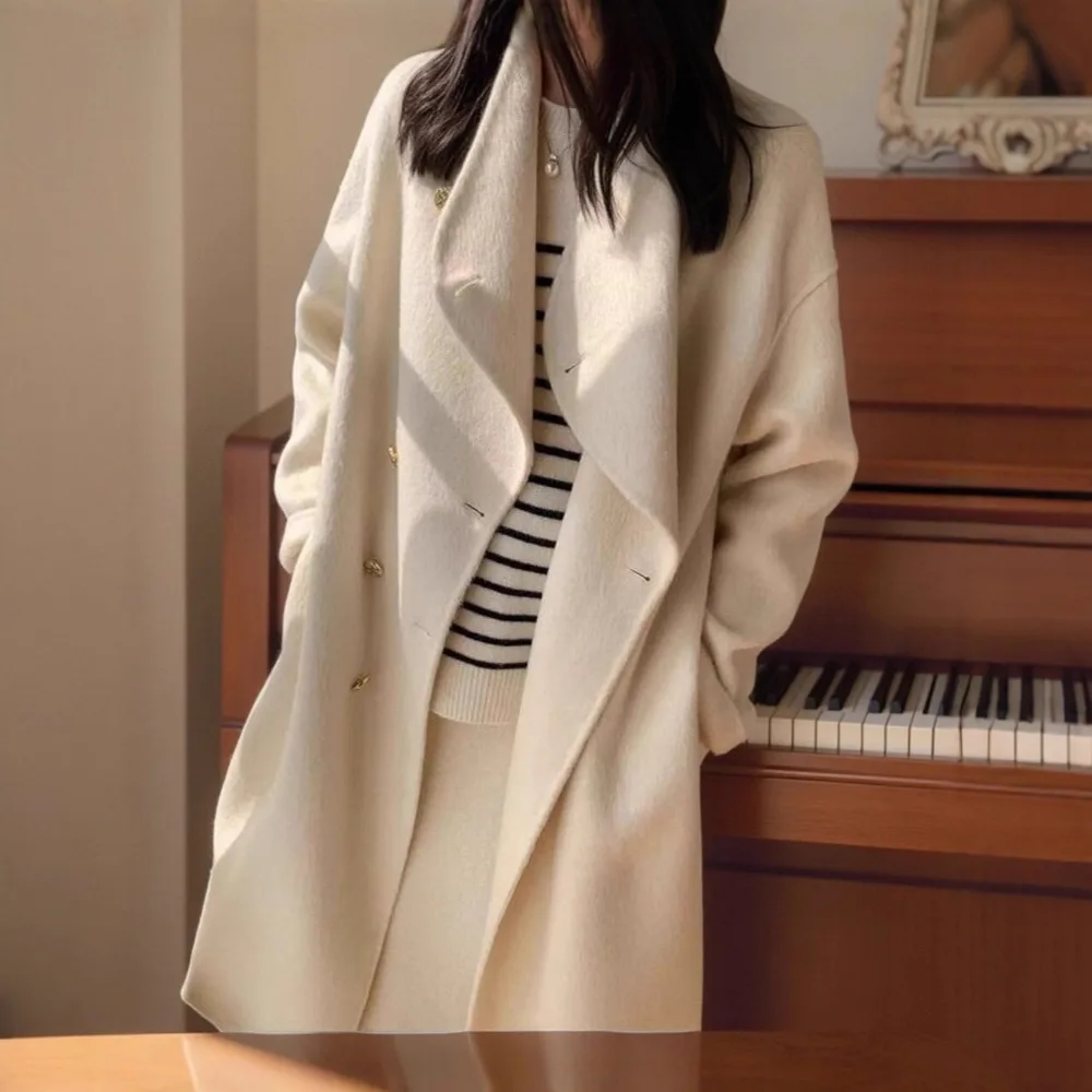 

New Autumn and Winter High-end Standing Collar Long Woolen Coat for Women Double-sided Cashmere Coat Woolen Woolen Coat