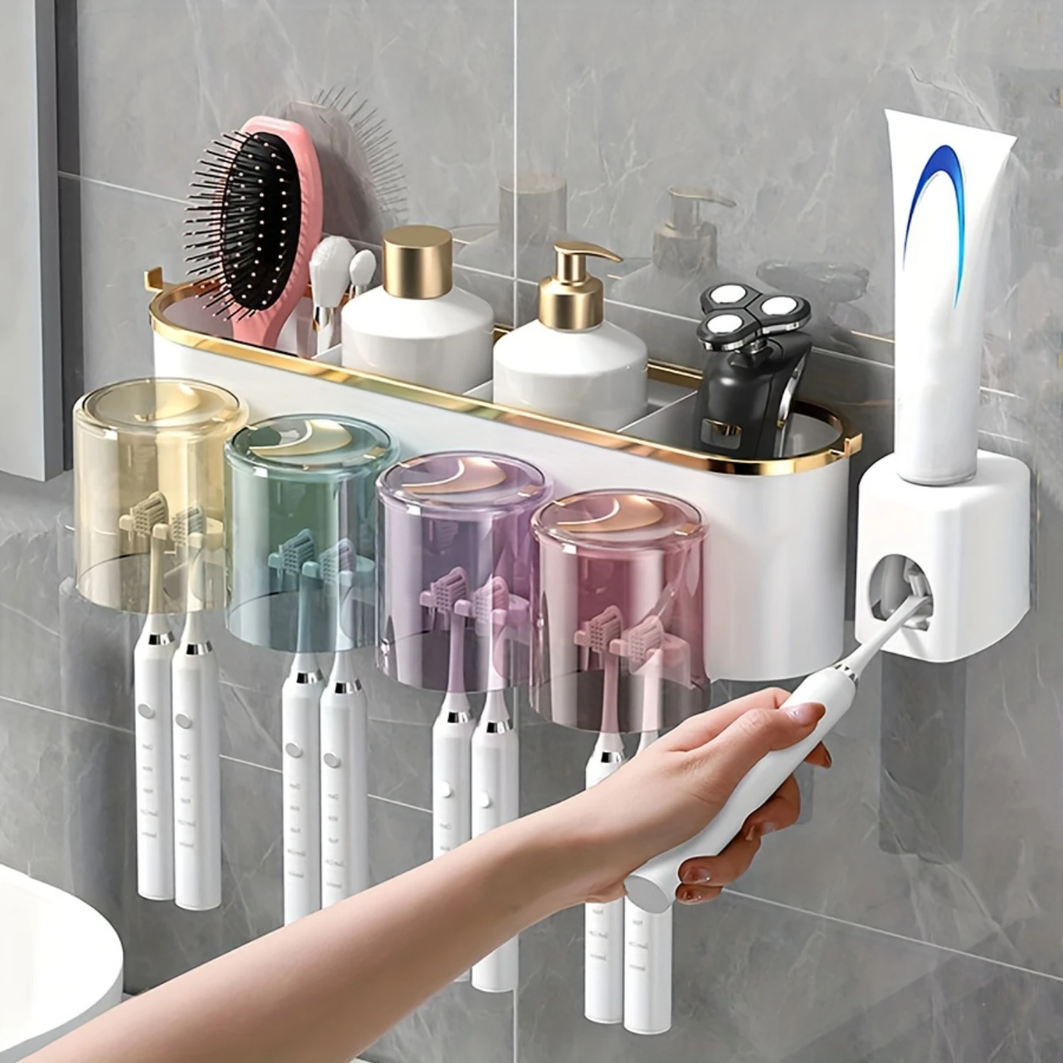 1pc Toothbrush Holder With Gargle Cup, Automatic Toothpaste Dispenser, Wall Mounted Toothbrush  Rack, Punch-free Toothbrush  Org