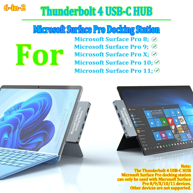 Surface Pro 11/10/X/9/8 Dock with Thunderbolt 4+4K HDMI+USB 3.0 A&C(Data)+3.5mm jack,Dual USB C Hub for Surface Pro 11/10/X/9/8
