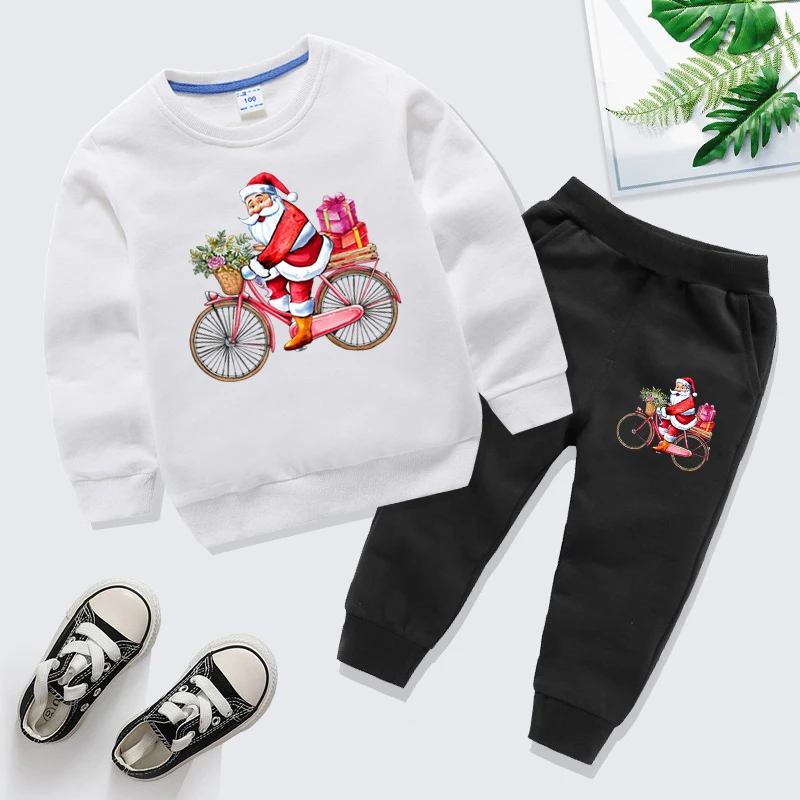 Tracksuit Bicycle Santa Claus Print Sweatshirt New Boy Girl Hot Sales Christmas Pullovers+Pants Two Pieces Sets Casual Clothing