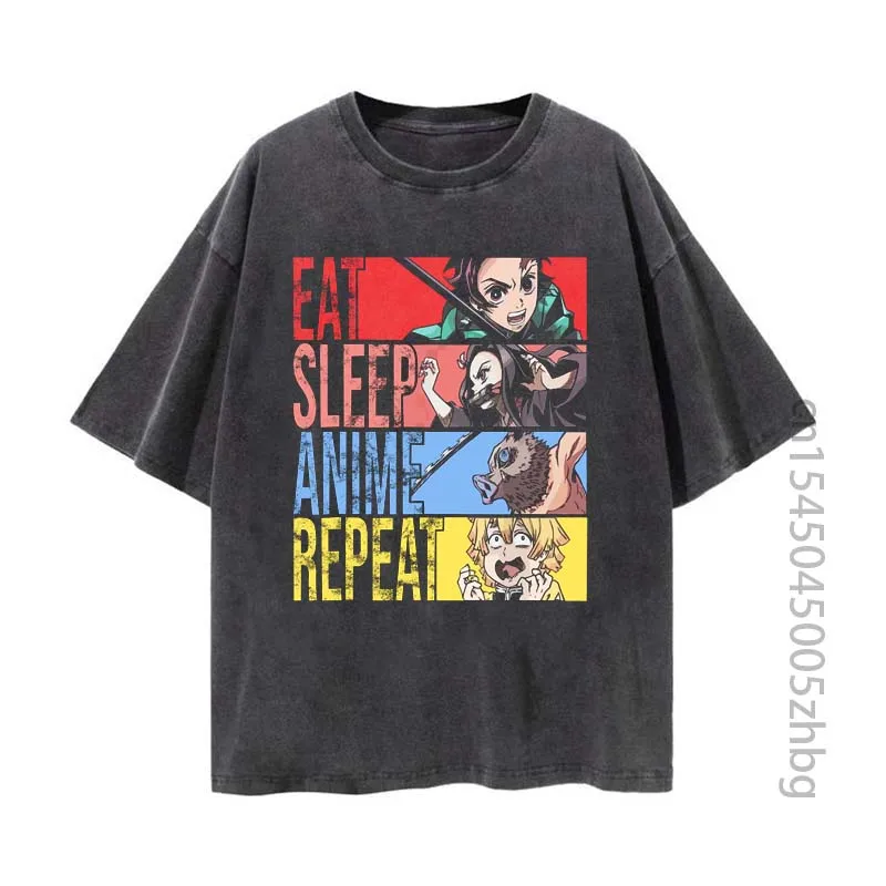 

Demon Slayer Eat Sleep Anime Woman Shirt Streetwear Harajuku Vintage Distressed Tshirt Manga Graphic T Shirt Men Tops Tees