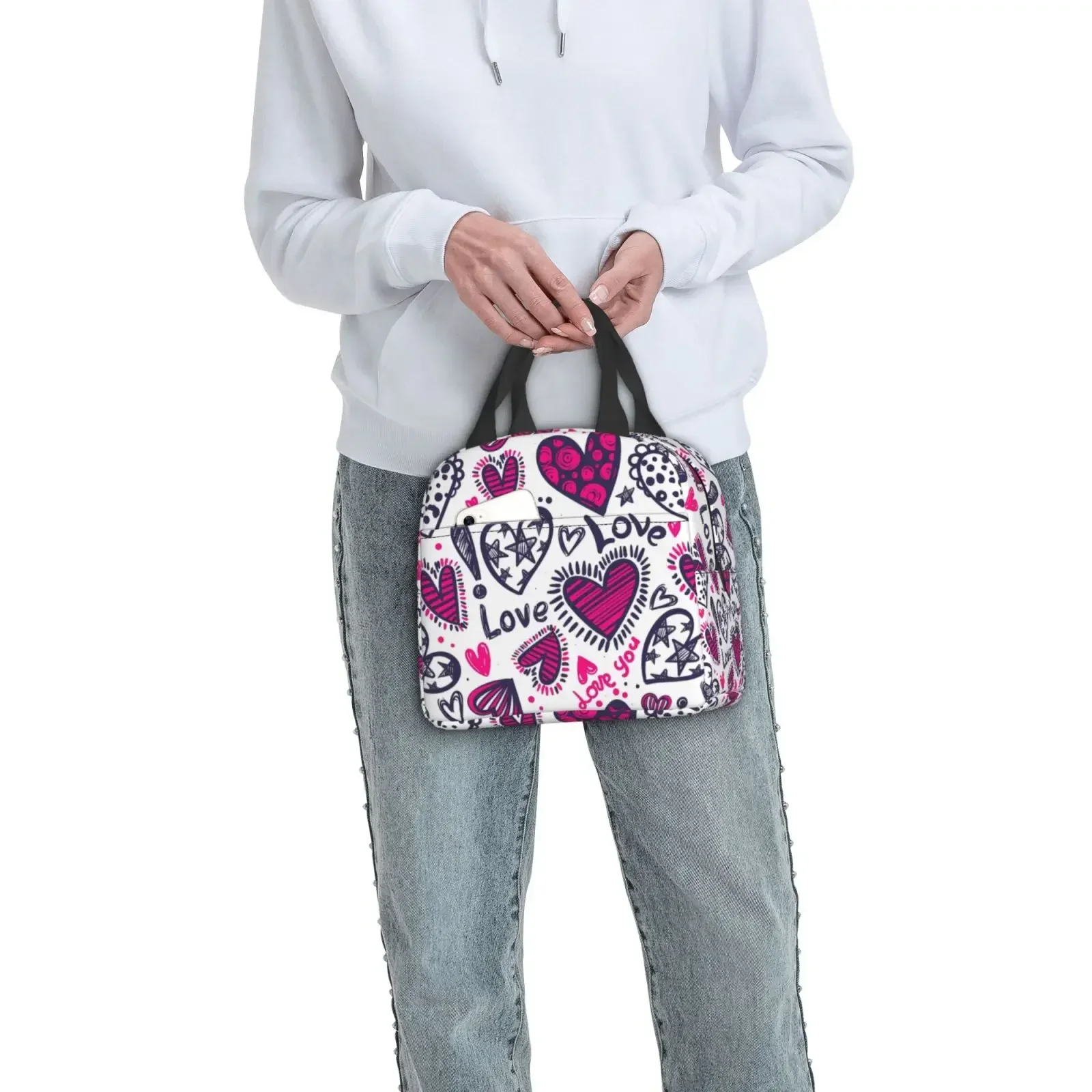 Abstract Love Pattern Insulated Lunch Bag For Women Men Portable Thermal Cooler Insulated Lunch Box Picnic Travel Food Tote Bags