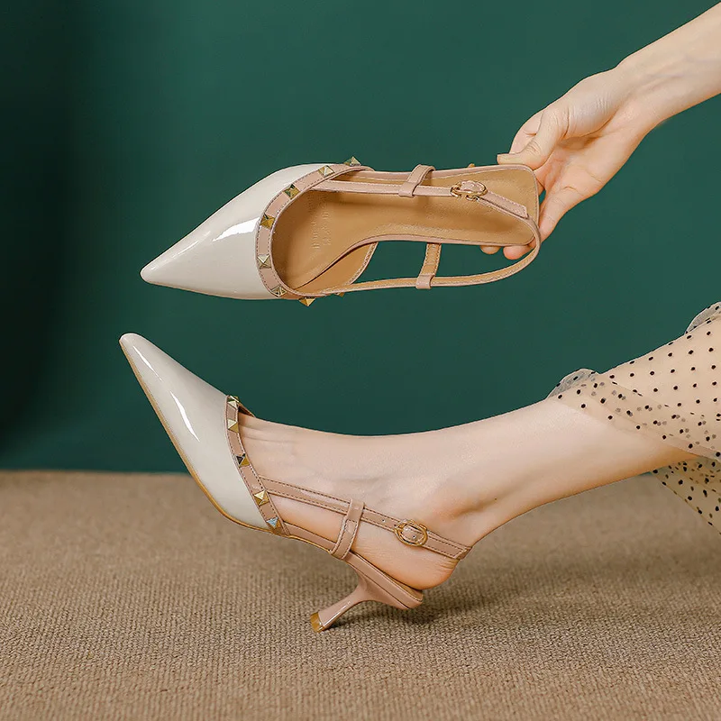 

2025 New Women's Sandals Head Covering Nail Head Buckle Fairy Style Hollow Back Single Shoes Pointed Toe High Heels Thin Heel