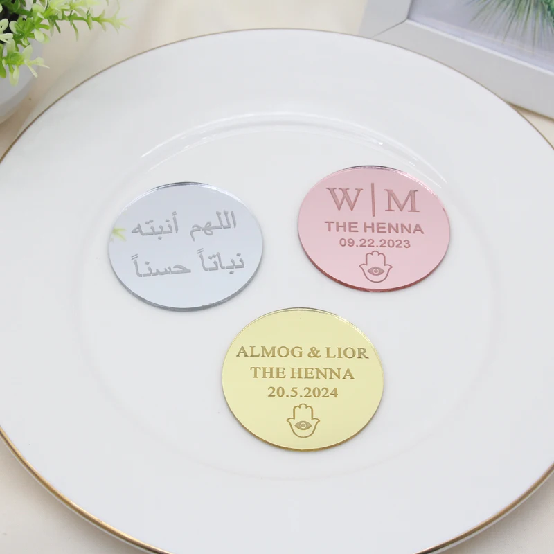 30/50/60/70/100 قطعة شخصية الاكريليك الحناء حفلة العلامات المستديرة محفورة المعمودية اسم الطفل دائرة العلامات لعيد الحناء هدية مخصصة