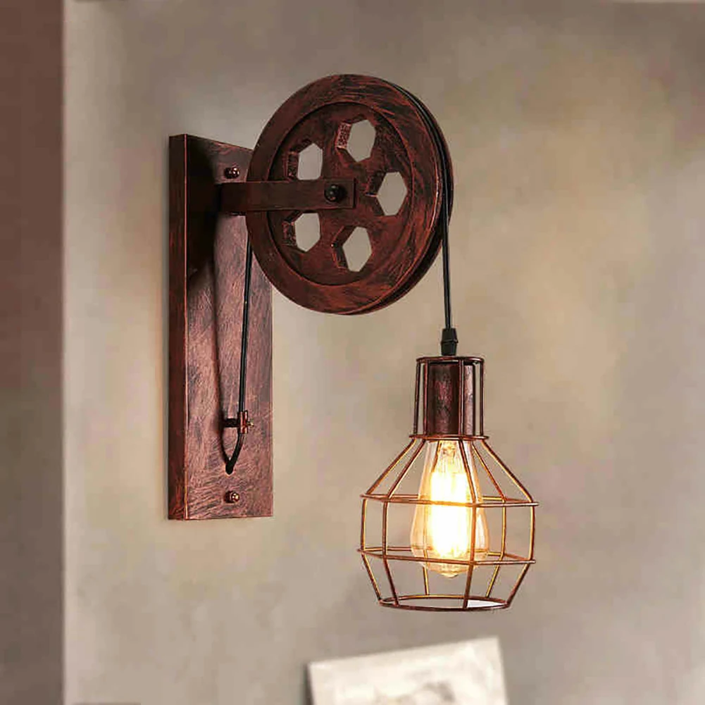 Retro Industrial Wall Lamp Cafe Lifting Pulley Restaurant Rustic E27 Adjustable Home Living Room Lantern Fixtures Sconce Light