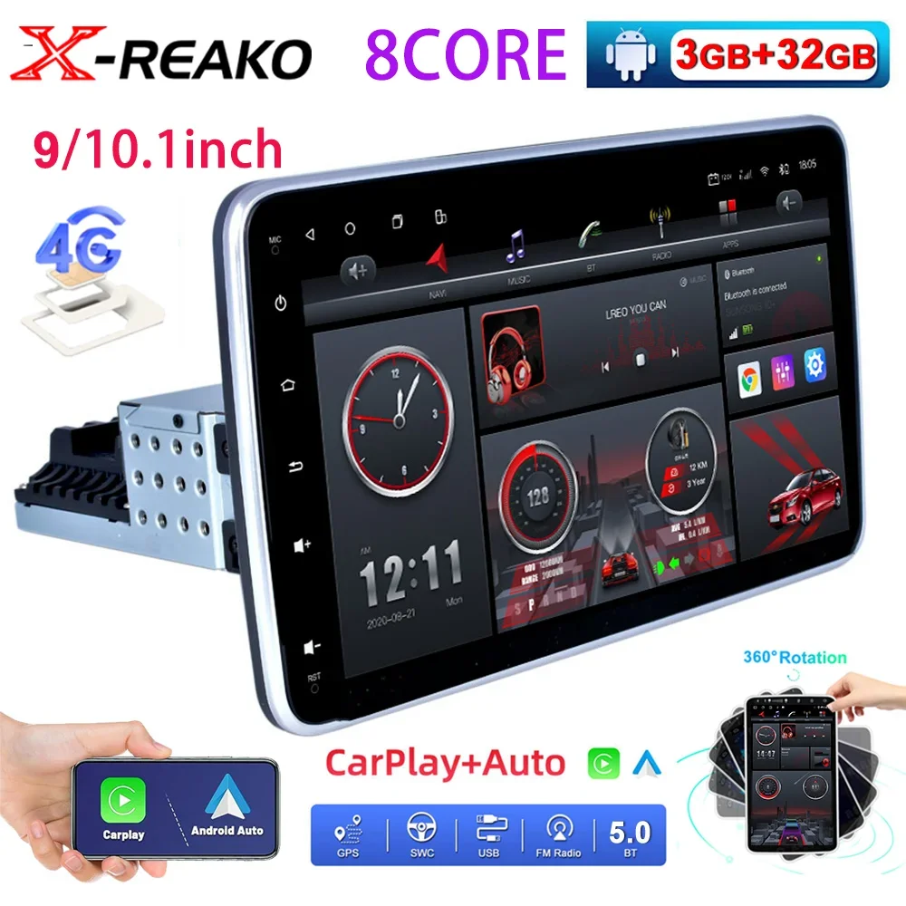 X-REAKO Android 12 8 Core 3G 32G Car Radio Carplay Auto 1 Din Car Radio 9/10 Inch 360° Rotation Multimedia Player GPS WIFI DSP 