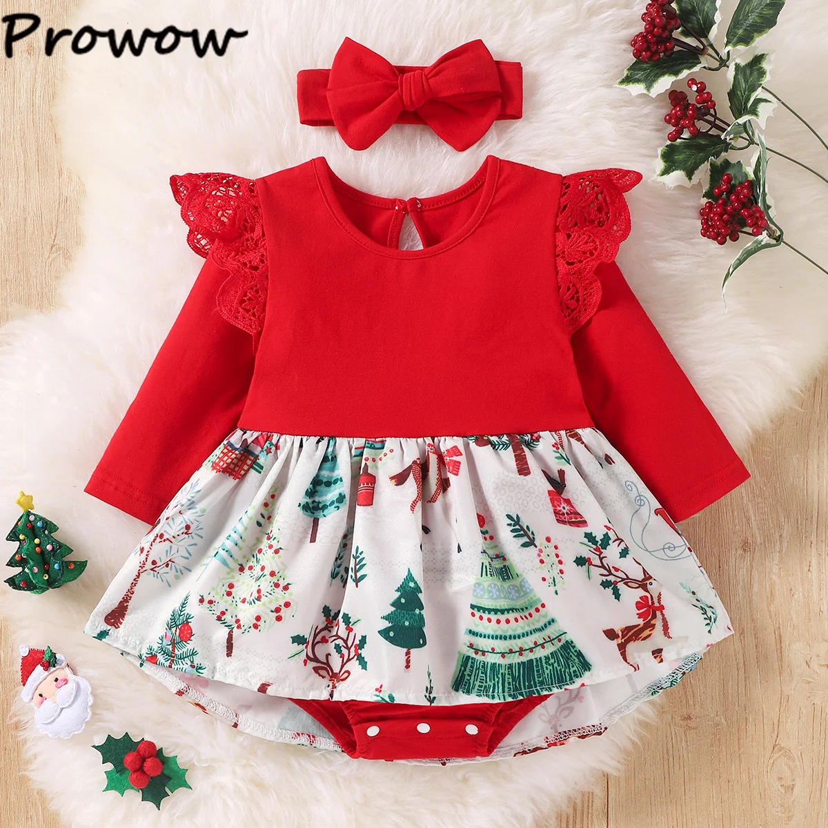 Prowow Baby Christmas Dresses Lace Sleeve Red Xmas Printed Bodysuit Dress For New Year My First Christmas Baby Girls Costume