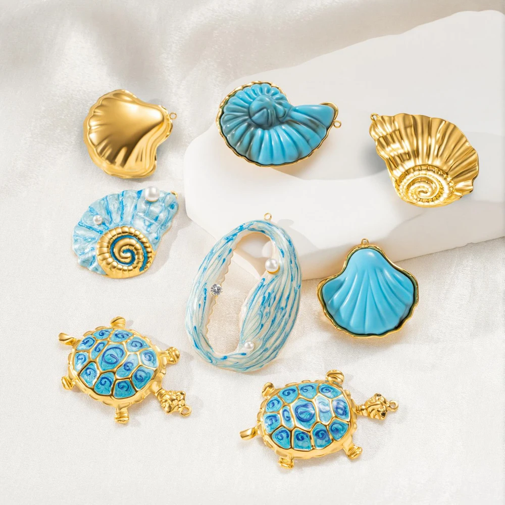 1 Stück Blaue Große Muschel-Seestern-Emaille-Anhänger in Goldoptik, Schmuckherstellungsmaterialien für DIY-Ohrringe und Halsketten für Frauen – Detail 2