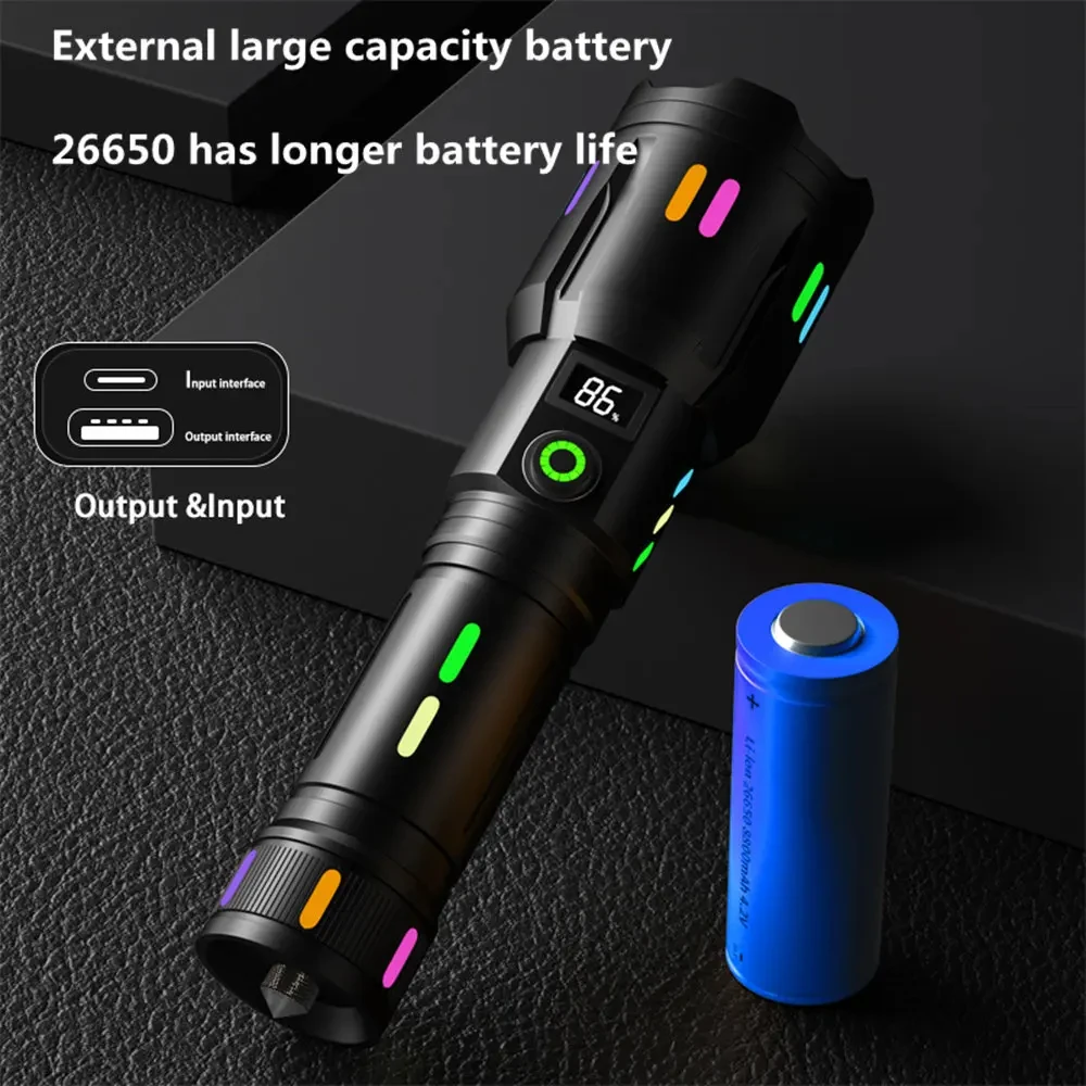 High Power Spotlight Long Range LED Flashlight With Luminous Strips Tail Glass breaker Zoomable Torch For Camping Emergency