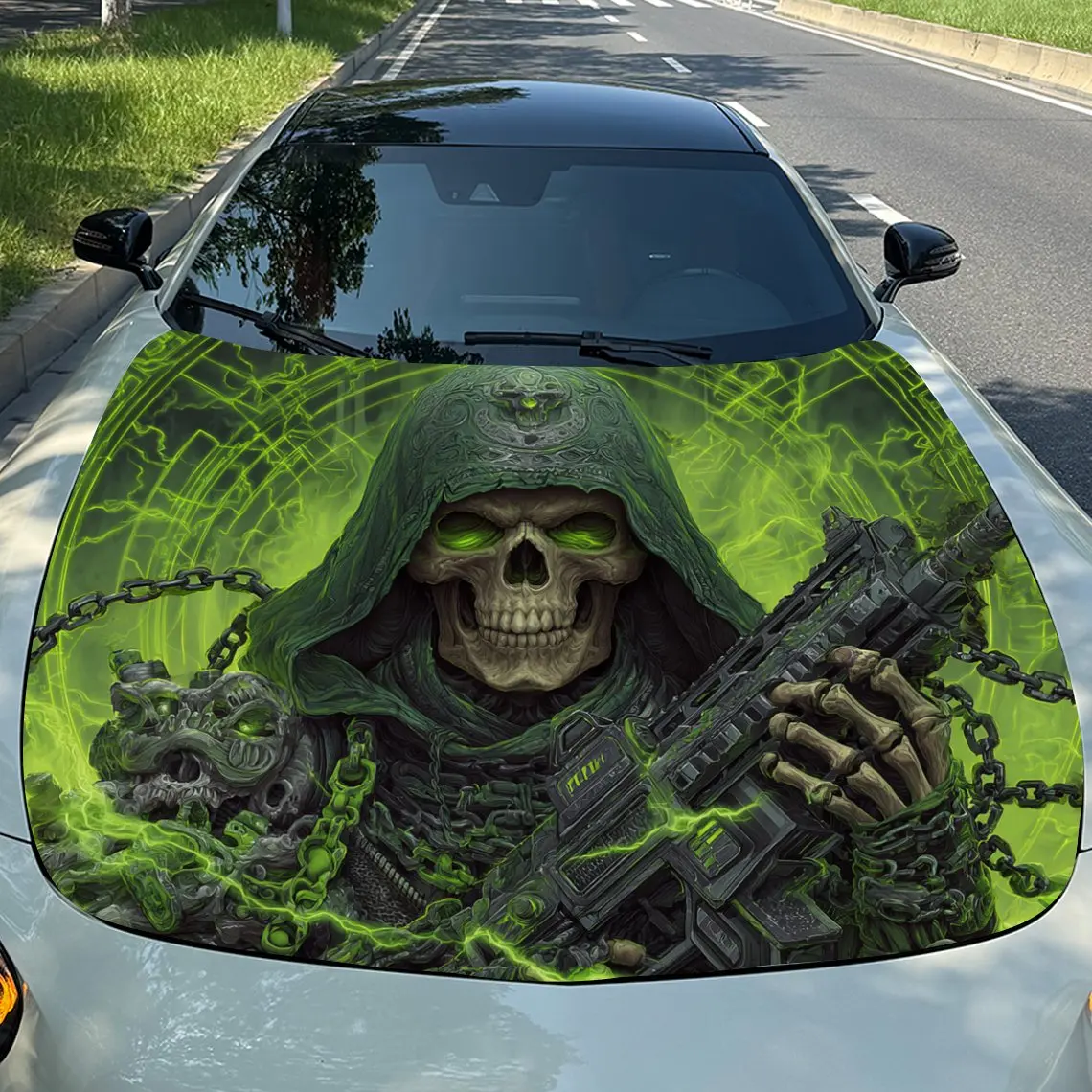 

Наклейка на капот автомобиля с зеленым черепом Gun Welding, ПВХ, прочная виниловая пленка, подходит для большинства автомобилей, защитная пленка на капот автомобиля в подарок