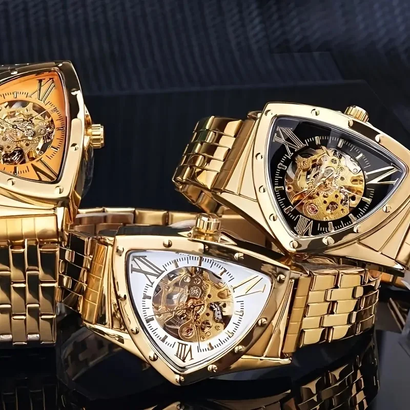 Light Luxury Triangular Men's Automatic Skeleton Mechanical Watch, Punk-Style Cool Irregular Large Dial Men's Wristwatch, Steel Band Waterproof Men's Watch, High-End Business Casual Versatile Model, Precise Timekeeping, Wear-Resistant and Scratch-Proof, Trendy Men's Accessory, Suitable for Both Personal Use and Holiday Gifts, Hot-Selling Men's Mechanical Wristwatch