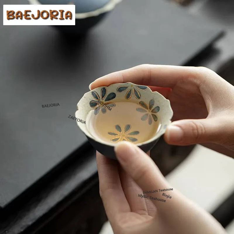 50ml Indigo Hand Drawn Daisy Petal Teacup Tea Bowl Tea Cup Set Tea-tasting Meditation Cup Jianzhan Master Cups Drinkware Craft