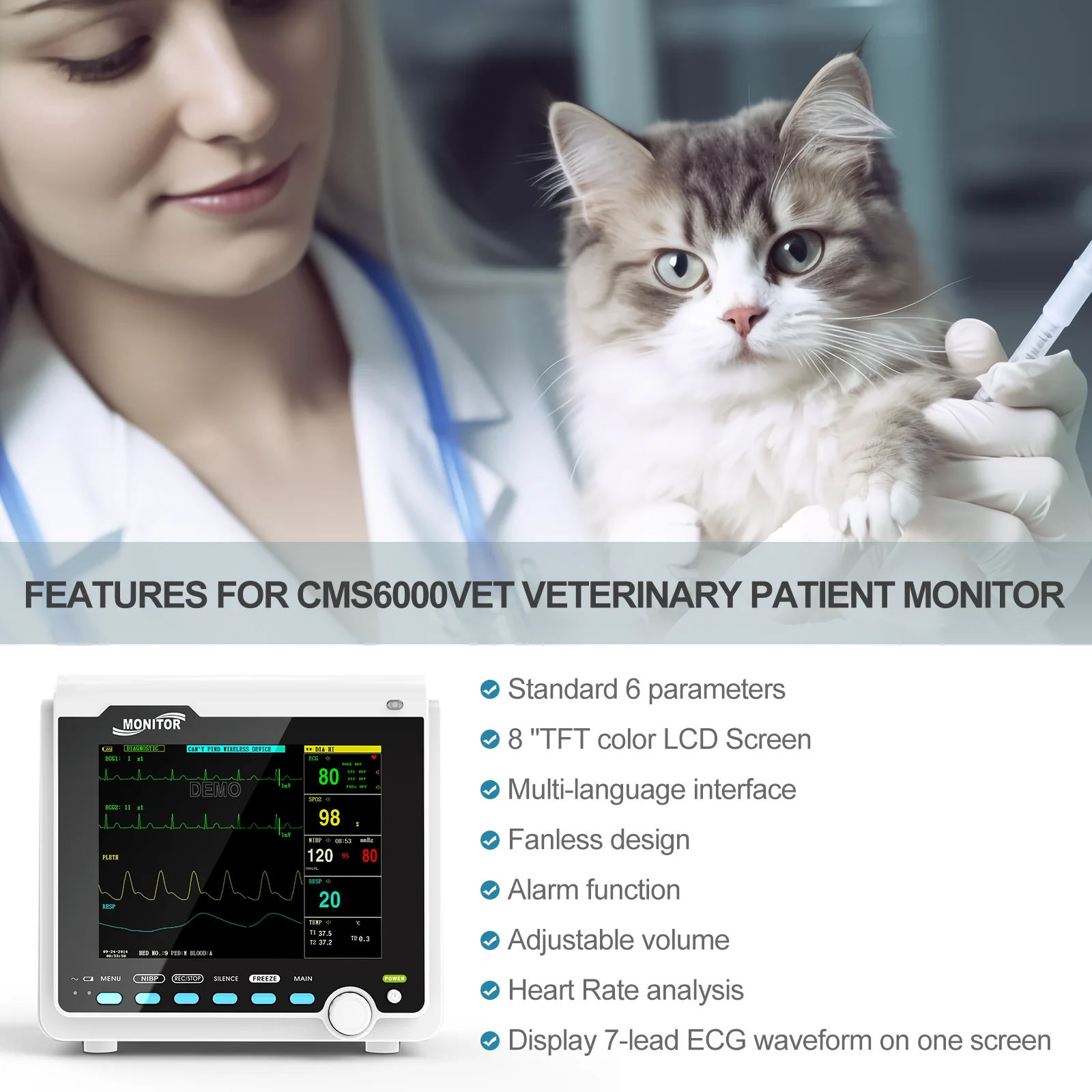 CONTEC-Monitor veterinário portátil do paciente do veterinário, monitor do sinal vital, impressora e opção do Etco2, ECG, NIBP, RESP, SPO2, PR, TEMP, 8"