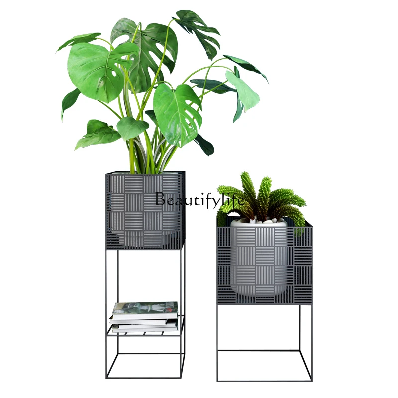 Nordic wrought iron flower stand balcony living room indoor floor-to-ceiling simple double-layer creative flower stand