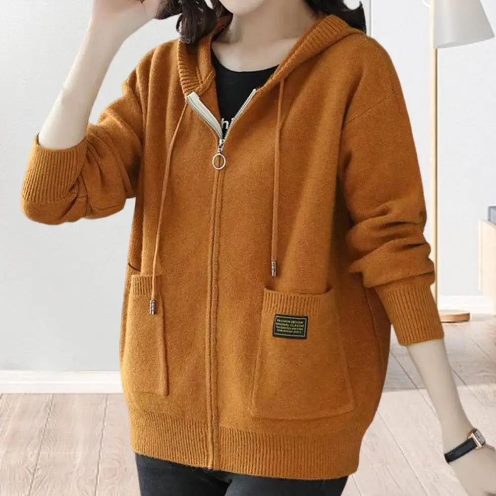 

Women Coat Hooded Drawstring Knitted Long Sleeves Pockets Thick Pure Color Keep Warm Cardigan Zip-up Knitwear Jacket