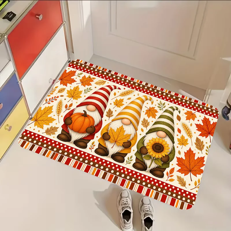 Paillasson antidérapant saisonnier pour la récolte, motif Ferme d'automne, Trois Gnomes, Érable, Citrouille, Tournesol, Paillasson de bienvenue pour la maison