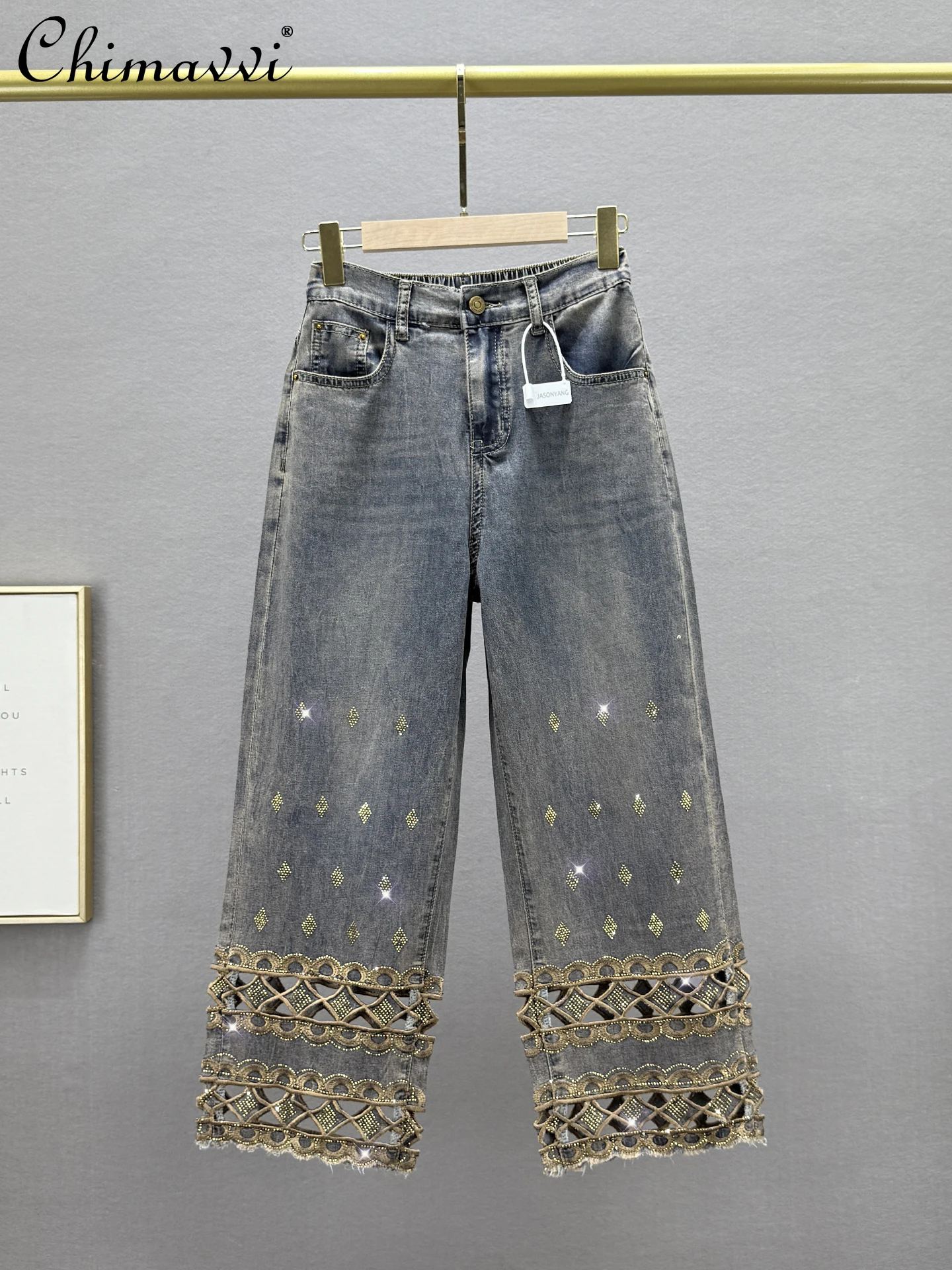 

Nine-point Straight Jeans Women's Thin High Waist Loose Slim-fit Retro Old Hollow Hot Diamond Denim Pants 2025 Summer New