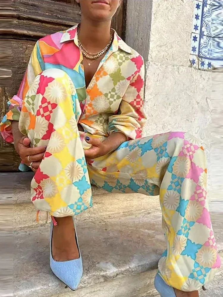

Geometric Pattern Printed Summer Two Piece Set Casual High Street Pocket Pants Suit Women's Fashion Single Breasted Shirt Outfit