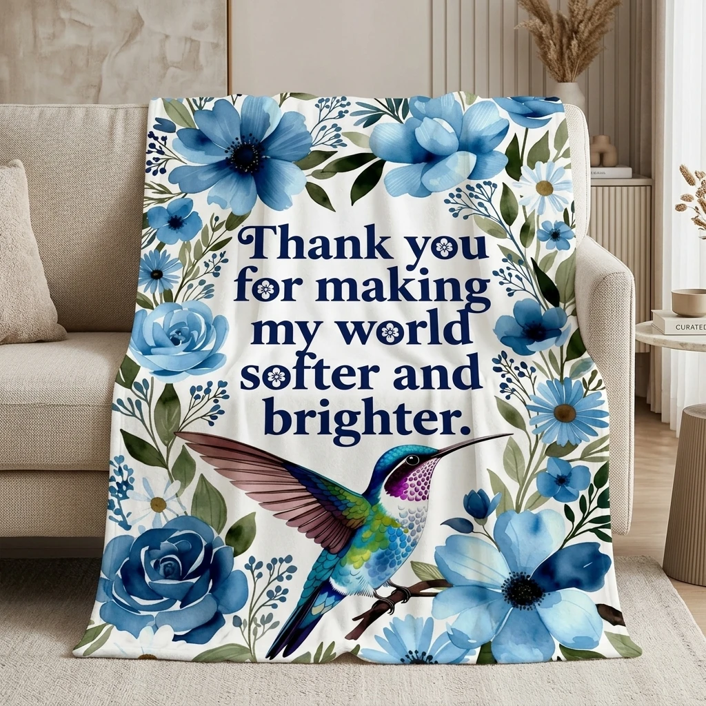 

1PC Hummingbird & Blue Floral Print Flannel Throw Blanket - "Thank You for Making My World Softer" Ultra Soft Warm Throw, Great