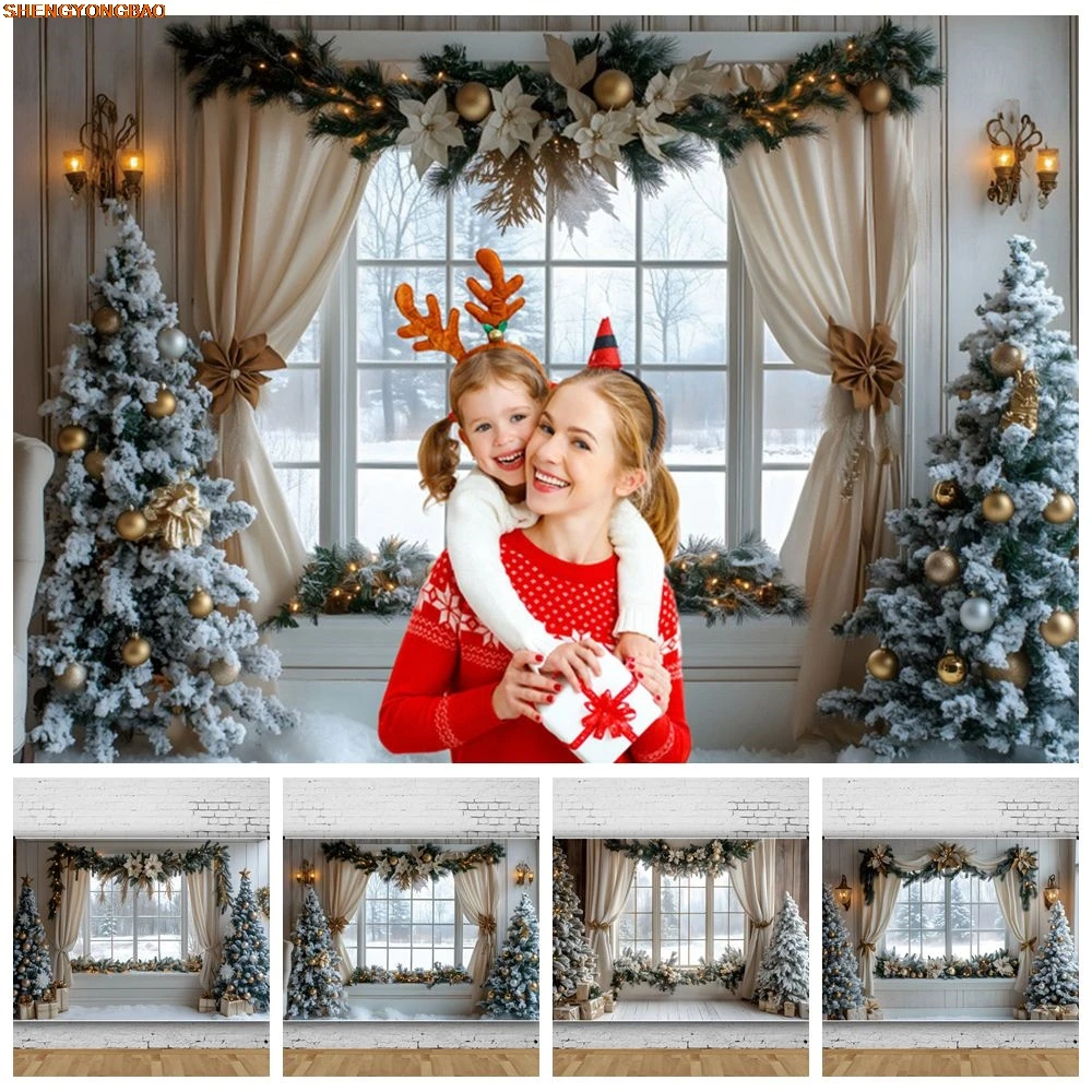 Winter Christmas Photography Background White Window Xmas Tree Gifts Wreath Kids Family Portrait Photocall Background Decor Prop