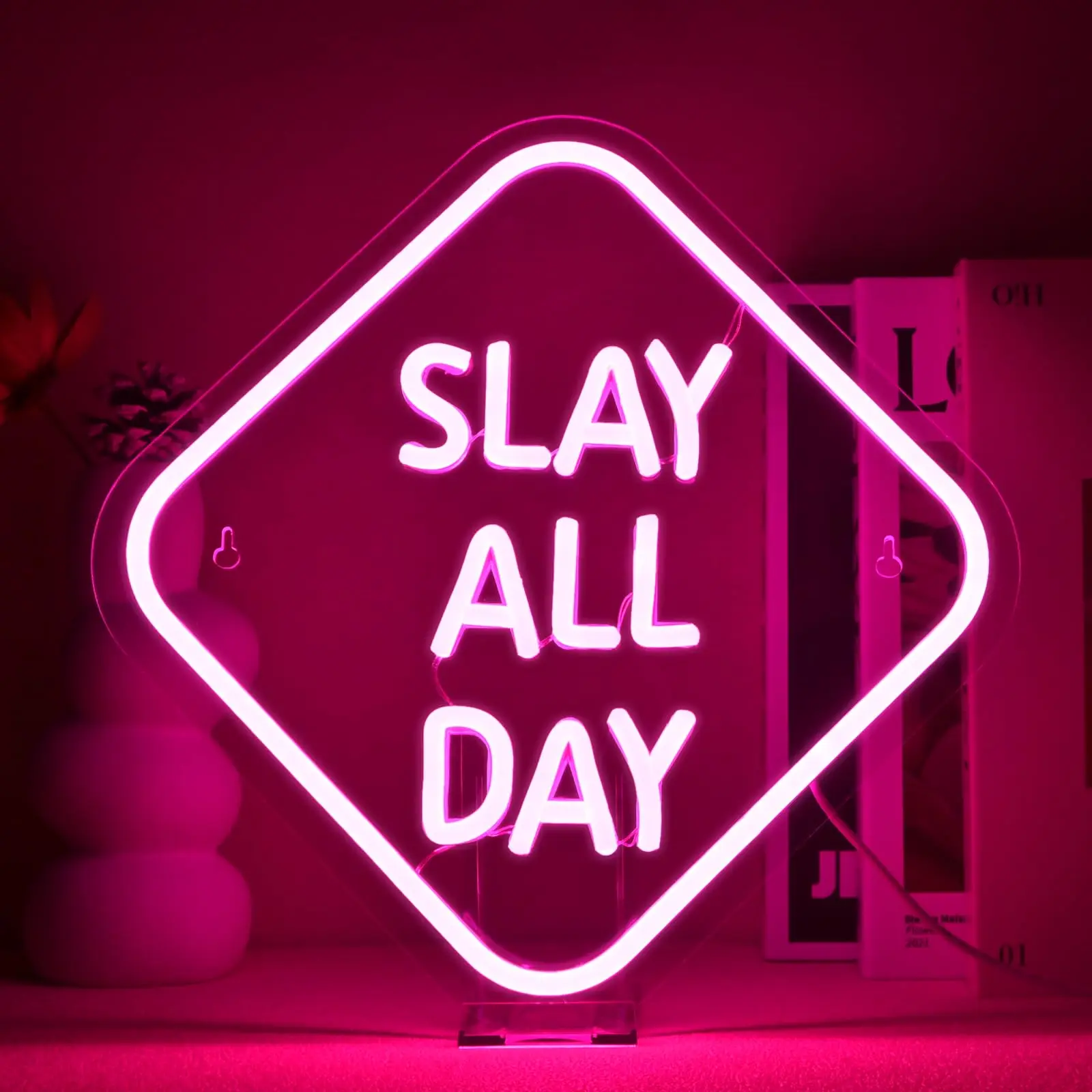 

Slay All Day Неоновая вывеска USB с регулируемой яркостью Неоновый свет для декора стен Спальня Комната Салон Общежитие Y2k Вечеринка Подарки для девочек-подростков