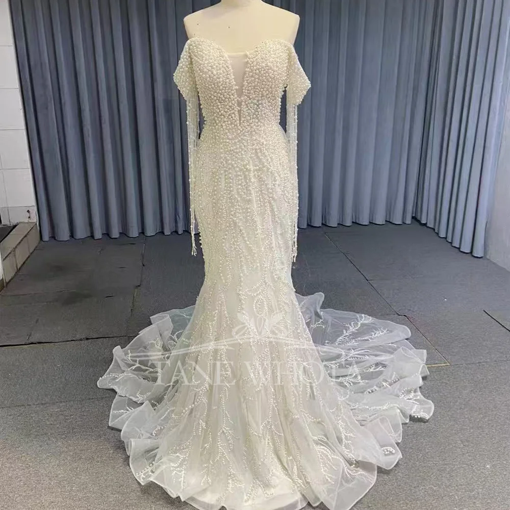 Sexy Sweetheart Off Shoulder Lace Up Back Wedding Dress Beading Tassel Vestidos De Noiva Casamento Customized