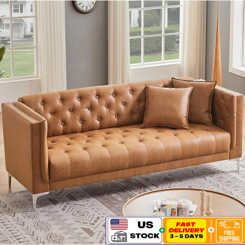 

79'' Modern 3 Seater Sofa Couch Deep Seats Comfortable Leather Office Furniture Handmade Button Tufted Couch with 2 Pillows