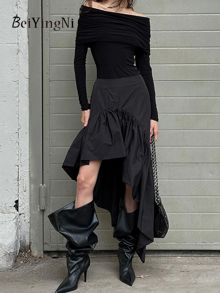

Beiyingni 2025 Autumn Winter Women Maxi Skirt Ruched Ruffles New Fashion Irregular High Waist A-line Skirts for Woman Clothes